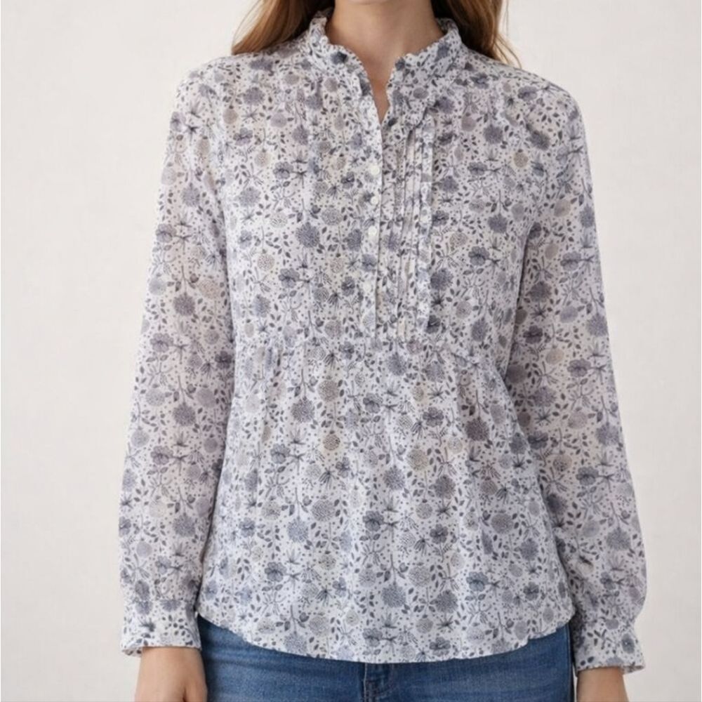 J.Crew Floral Print Pintuck Ruffled Long Sleeve Pullover Cotton Shirt